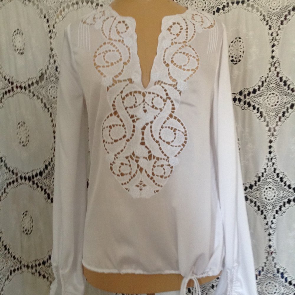BCBG Max Azria White, Poet Sleeve, Cut Out Design Front, Drawstring Waist Blouse